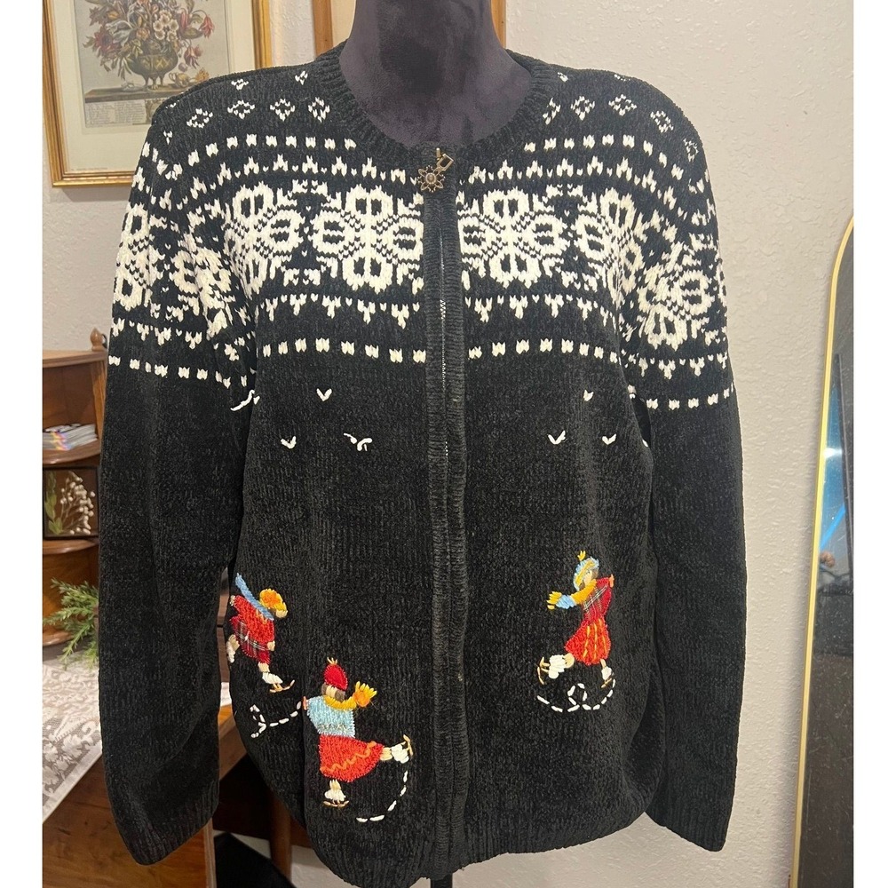 Vintage Chenille Cardigan Sweater Ice Skater Nordic Fair Isle Cottagecore Winter